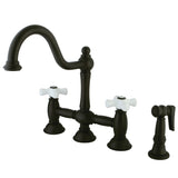 Restoration Two-Handle 4-Hole Deck Mount Bridge Kitchen Faucet with Brass Sprayer