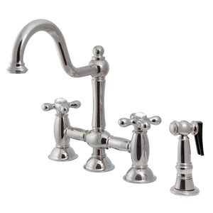 Restoration Two-Handle 4-Hole Deck Mount Bridge Kitchen Faucet with Brass Sprayer