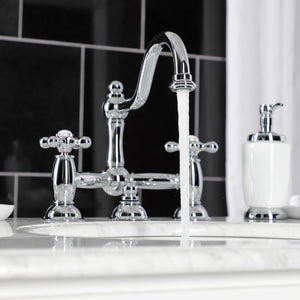 Restoration Two-Handle 3-Hole Deck Mount Bridge Bathroom Faucet with Brass Pop-Up