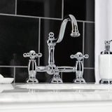 Restoration Two-Handle 3-Hole Deck Mount Bridge Bathroom Faucet with Brass Pop-Up