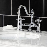 Restoration Two-Handle 3-Hole Deck Mount Bridge Bathroom Faucet with Brass Pop-Up