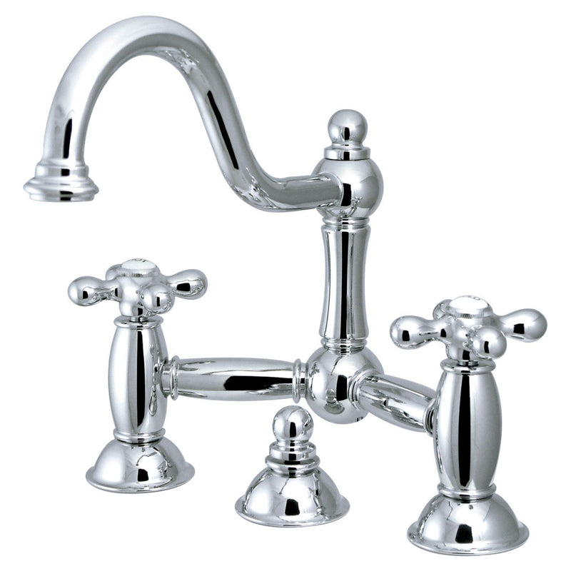Restoration Two-Handle 3-Hole Deck Mount Bridge Bathroom Faucet with Brass Pop-Up