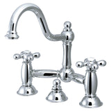 Restoration Two-Handle 3-Hole Deck Mount Bridge Bathroom Faucet with Brass Pop-Up