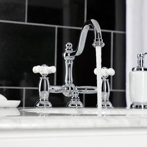 Restoration Two-Handle 3-Hole Deck Mount Bridge Bathroom Faucet with Brass Pop-Up