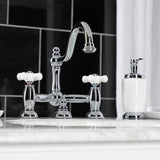 Restoration Two-Handle 3-Hole Deck Mount Bridge Bathroom Faucet with Brass Pop-Up