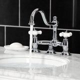 Restoration Two-Handle 3-Hole Deck Mount Bridge Bathroom Faucet with Brass Pop-Up