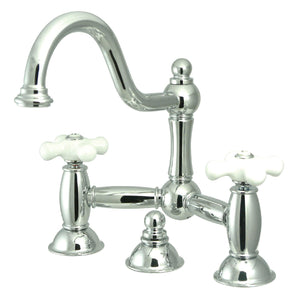 Restoration Two-Handle 3-Hole Deck Mount Bridge Bathroom Faucet with Brass Pop-Up