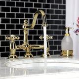 Restoration Two-Handle 3-Hole Deck Mount Bridge Bathroom Faucet with Brass Pop-Up