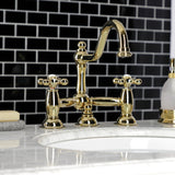 Restoration Two-Handle 3-Hole Deck Mount Bridge Bathroom Faucet with Brass Pop-Up