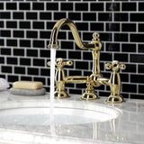 Restoration Two-Handle 3-Hole Deck Mount Bridge Bathroom Faucet with Brass Pop-Up