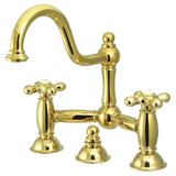 Restoration Two-Handle 3-Hole Deck Mount Bridge Bathroom Faucet with Brass Pop-Up