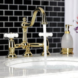 Restoration Two-Handle 3-Hole Deck Mount Bridge Bathroom Faucet with Brass Pop-Up