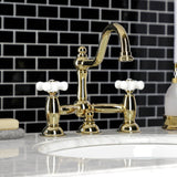 Restoration Two-Handle 3-Hole Deck Mount Bridge Bathroom Faucet with Brass Pop-Up