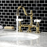 Restoration Two-Handle 3-Hole Deck Mount Bridge Bathroom Faucet with Brass Pop-Up