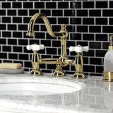 Restoration Two-Handle 3-Hole Deck Mount Bridge Bathroom Faucet with Brass Pop-Up