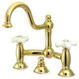 Restoration Two-Handle 3-Hole Deck Mount Bridge Bathroom Faucet with Brass Pop-Up