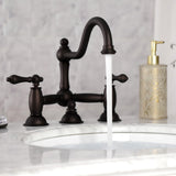 Restoration Two-Handle 3-Hole Deck Mount Bridge Bathroom Faucet with Brass Pop-Up