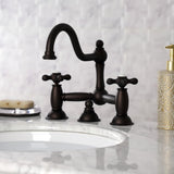 Restoration Two-Handle 3-Hole Deck Mount Bridge Bathroom Faucet with Brass Pop-Up