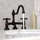 Restoration Two-Handle 3-Hole Deck Mount Bridge Bathroom Faucet with Brass Pop-Up