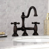 Restoration Two-Handle 3-Hole Deck Mount Bridge Bathroom Faucet with Brass Pop-Up