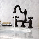 Restoration Two-Handle 3-Hole Deck Mount Bridge Bathroom Faucet with Brass Pop-Up