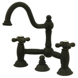 Restoration Two-Handle 3-Hole Deck Mount Bridge Bathroom Faucet with Brass Pop-Up