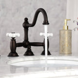 Restoration Two-Handle 3-Hole Deck Mount Bridge Bathroom Faucet with Brass Pop-Up