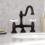 Restoration Two-Handle 3-Hole Deck Mount Bridge Bathroom Faucet with Brass Pop-Up