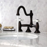 Restoration Two-Handle 3-Hole Deck Mount Bridge Bathroom Faucet with Brass Pop-Up