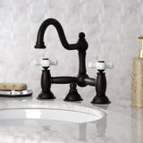 Restoration Two-Handle 3-Hole Deck Mount Bridge Bathroom Faucet with Brass Pop-Up