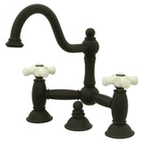 Restoration Two-Handle 3-Hole Deck Mount Bridge Bathroom Faucet with Brass Pop-Up