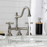 Restoration Two-Handle 3-Hole Deck Mount Bridge Bathroom Faucet with Brass Pop-Up