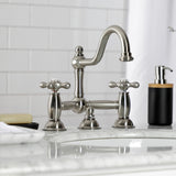 Restoration Two-Handle 3-Hole Deck Mount Bridge Bathroom Faucet with Brass Pop-Up