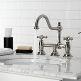 Restoration Two-Handle 3-Hole Deck Mount Bridge Bathroom Faucet with Brass Pop-Up