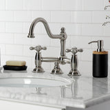 Restoration Two-Handle 3-Hole Deck Mount Bridge Bathroom Faucet with Brass Pop-Up