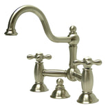 Restoration Two-Handle 3-Hole Deck Mount Bridge Bathroom Faucet with Brass Pop-Up