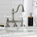 Restoration Two-Handle 3-Hole Deck Mount Bridge Bathroom Faucet with Brass Pop-Up