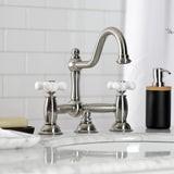 Restoration Two-Handle 3-Hole Deck Mount Bridge Bathroom Faucet with Brass Pop-Up