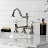 Restoration Two-Handle 3-Hole Deck Mount Bridge Bathroom Faucet with Brass Pop-Up