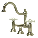 Restoration Two-Handle 3-Hole Deck Mount Bridge Bathroom Faucet with Brass Pop-Up