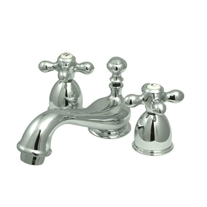 Restoration Two-Handle 3-Hole Deck Mount Mini-Widespread Bathroom Faucet with Brass Pop-Up