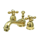 Restoration Two-Handle 3-Hole Deck Mount Mini-Widespread Bathroom Faucet with Brass Pop-Up