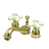 Restoration Two-Handle 3-Hole Deck Mount Mini-Widespread Bathroom Faucet with Brass Pop-Up