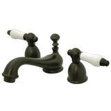 Restoration Two-Handle 3-Hole Deck Mount Mini-Widespread Bathroom Faucet with Brass Pop-Up
