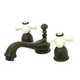 Restoration Two-Handle 3-Hole Deck Mount Mini-Widespread Bathroom Faucet with Brass Pop-Up