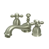 Restoration Two-Handle 3-Hole Deck Mount Mini-Widespread Bathroom Faucet with Brass Pop-Up