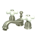 Restoration Two-Handle 3-Hole Deck Mount Mini-Widespread Bathroom Faucet with Brass Pop-Up