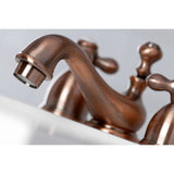 Restoration Two-Handle 3-Hole Deck Mount Mini-Widespread Bathroom Faucet with Brass Pop-Up
