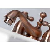 Restoration Two-Handle 3-Hole Deck Mount Mini-Widespread Bathroom Faucet with Brass Pop-Up