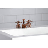 Restoration Two-Handle 3-Hole Deck Mount Mini-Widespread Bathroom Faucet with Brass Pop-Up